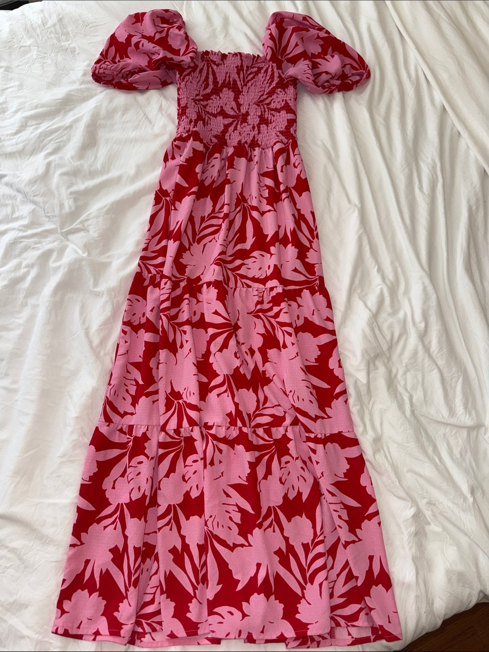 Puff-Sleeve Pink & Red Floral Maxi Dress